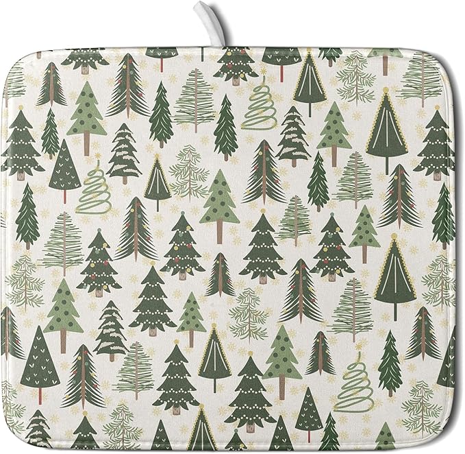 Christmas Dish Drying Mat for Kitchen Counter 16x18 Green Xmas Tree Block Print by Aytipun