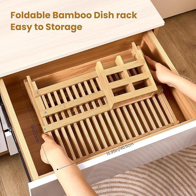 Bmaboo Dish Drying Rack for Kitchen Counter 3-Tier Collapsible Wooden Dish - Image 5