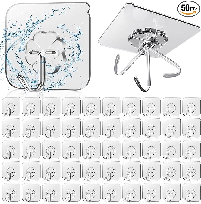 50 Pack Sticky Hooks for Hanging Heavy Duty, Wall Hook Adhesive, Transparent by Unknown