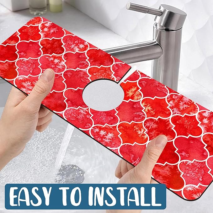Watercolor Moroccan Marbled Kitchen Sink Splash Guard Faucet Mat Red Tiles - Image 5
