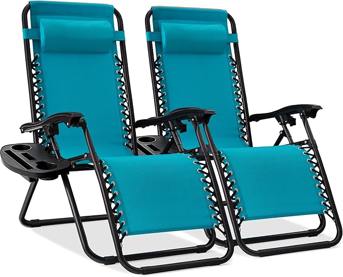 Best Choice Products Set of 2 Adjustable Steel Mesh Zero Gravity Lounge Chair Recliners w/Pillows and Cup Holder Trays - Peacock Blue by BestChoiceProducts