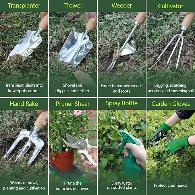 Garden Tool Set, 10 Piece Kit with Heavy Duty Folding Stool, Detachable Storage Tote Bag, Stainless Steel Tools, Gifts for Women Men Green - Image 6