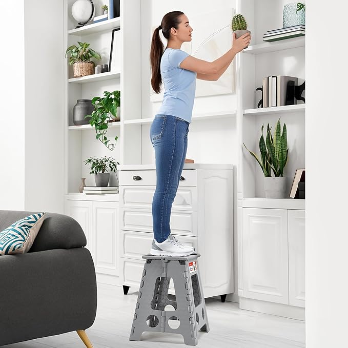 ACSTEP Folding Step Stool 16 Inch Heavy Duty Step Stool Foldable for Adults and Kids, Collapsible Stepping Stool with Handle, Non Slip Folding Stools for Kitchen Hold Up to 400lbs (Grey 1PC) - Image 7