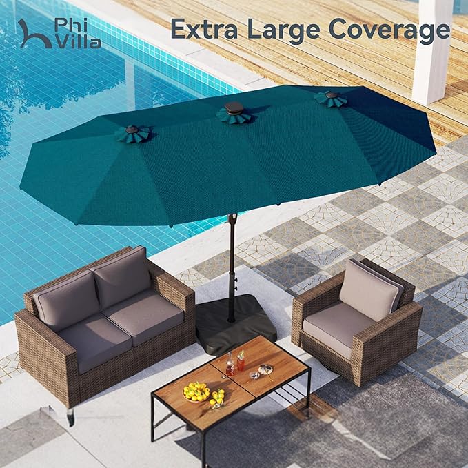 PHI VILLA 13ft Patio Umbrella with Solar-Powered 120 PCS LED Color-Changing Lights, Triple-Head Large Rectangle Umbrella Outdoor Patio for Table with Crank Lift,Cyan(No Base) - Image 3