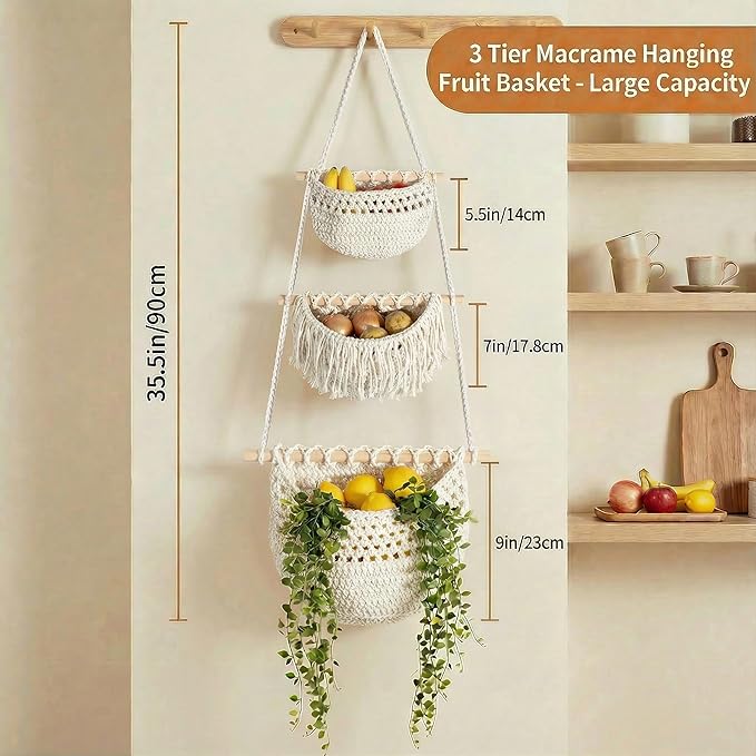 3 Tier Hanging Fruit Basket, Jute Wall Baskets, Hanging Produce Baskets - Image 2