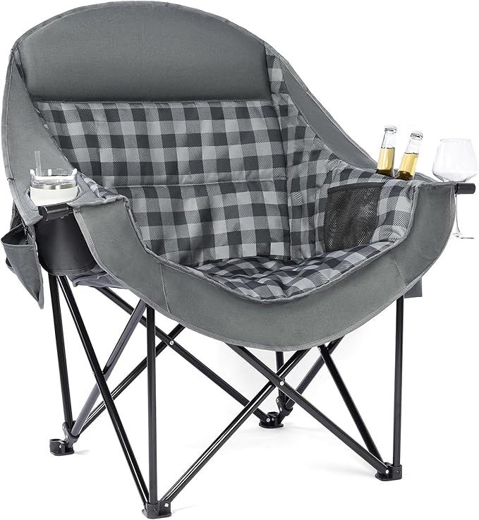 Oversized Camping Chairs for Adults - Heavy Duty Padded Outdoor Folding Lawn XL Camp Chair with Cup Holder Cooler Pockets for Outside Sports Beach Fishing Garden Portable Supports 500lbs, Grey by PUVASIA