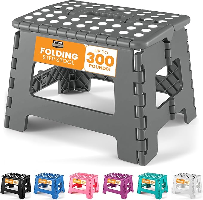 Utopia Home Folding Step Stool with Handle – 9 Inch Anti Slip Collapsible Stool – Holds Up to 300 lbs – Sturdy Plastic Step Stool Foldable for Kitchen, Bathroom and Home Use (1-Pack, Grey) by UTOPIAHOME