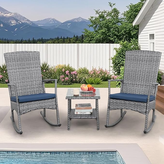 Rocking Chair Outdoor 3 Pieces High-Backed Patio Rocking Chairs Bistro Table and Chairs Set of 2, Navy Blue - Image 3