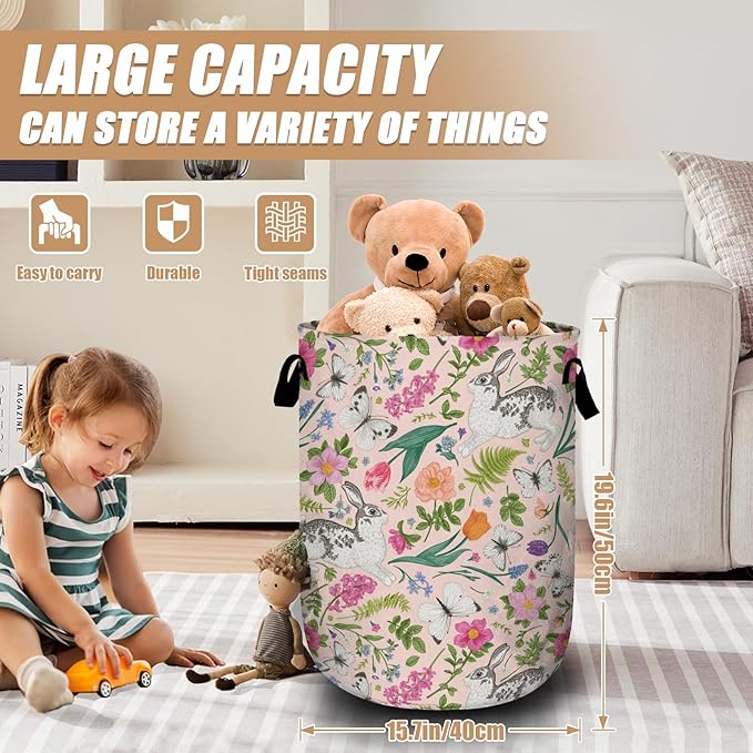 Bunny Rabbit Laundry Basket, Foldable Rabbit Flower Laundry Hamper Tote Bag - Image 2
