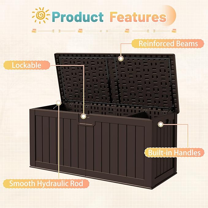 Patiowell 240 Gallon Large Outdoor Storage Box, Waterproof Deck Box with Fixed Divider, Lockable and Durable Patio Storage Solution for Patio Furniture and Garden Tools (Brown) - Image 3