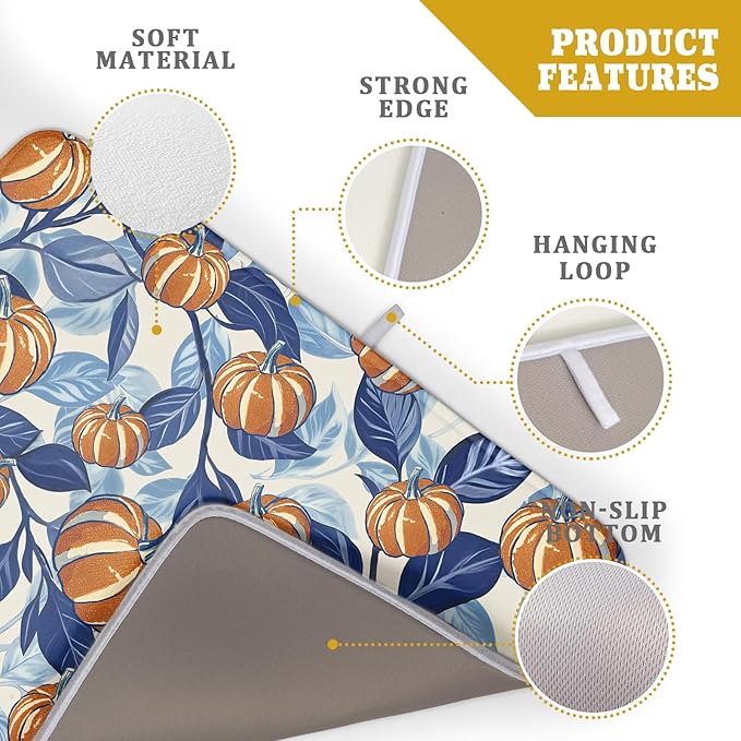 Blue Burnt Orange Fall Thanksgiving Pumpkin Dish Drying Mat - Image 4