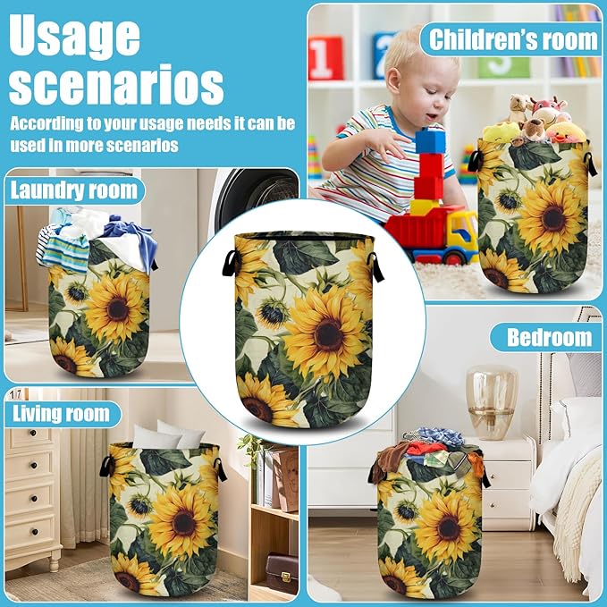Retro Sunflower Laundry Basket, Floral Laundry Hamper Collapsible Oxford Cloth - Image 7
