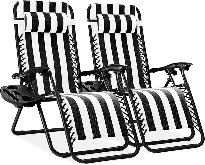Best Choice Products Set of 2 Adjustable Steel Mesh Zero Gravity Lounge Chair Recliners w/Pillows and Cup Holder Trays - Black Striped by BestChoiceProducts
