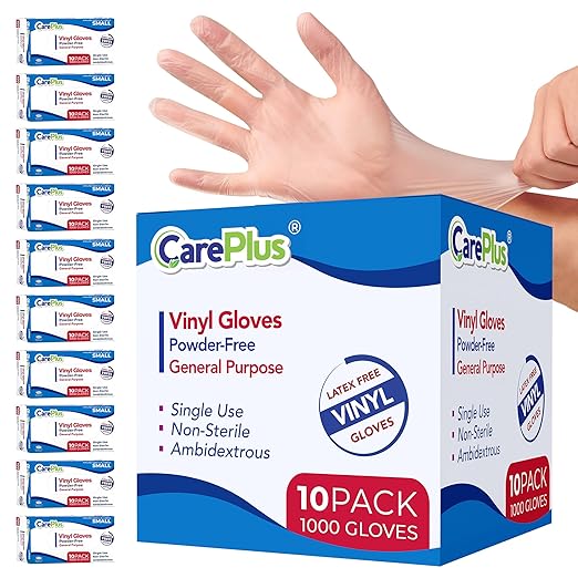 CARE PLUS Vinyl Gloves Clear Medium Size 1000 Count | Heavy Duty, Non-Sterile by CarePlus