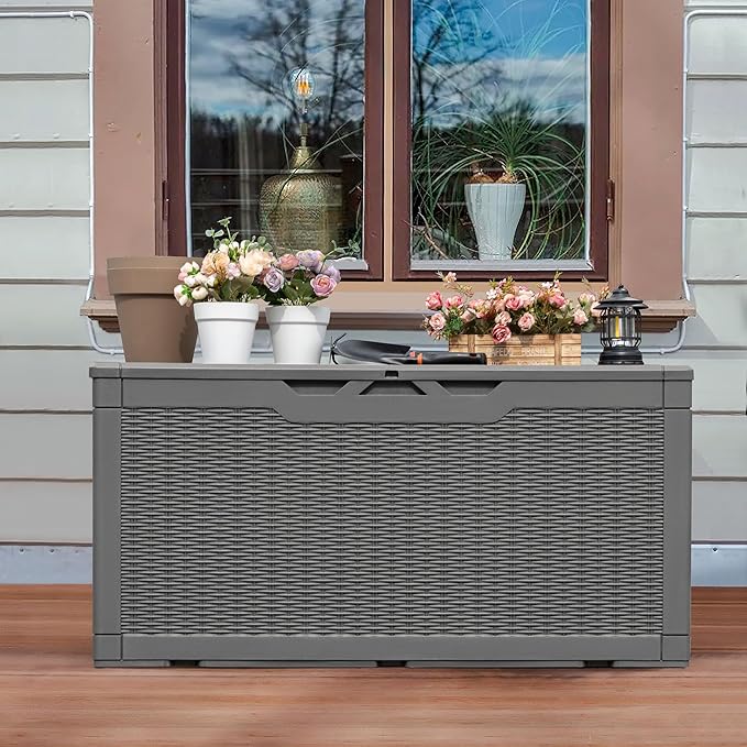 Greesum 100 Gallon Resin Patio Storage Box for Garden Tools, Outdoor Furniture Cushions, Pool Supplies, Gray - Image 3