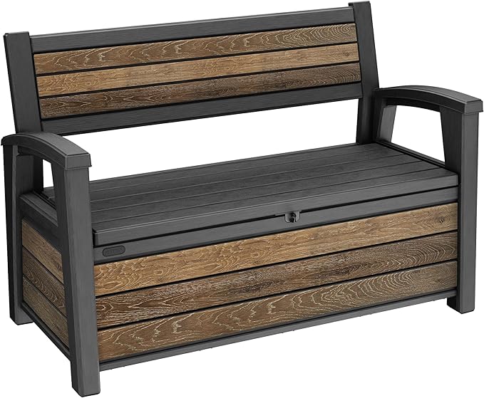 Keter Signature 60 Gallon Storage Bench Deck Box for Patio Furniture, Front Porch Decor and Outdoor Seating – Perfect to Store Garden Tools, Walnut by Keter