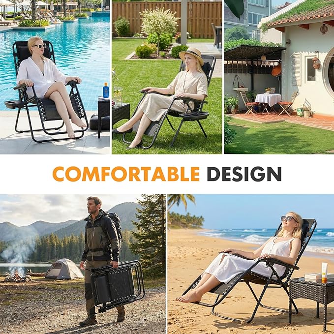 NEWBULIG Zero Gravity Chair Set of 2, Lounge Chair Folding Portable Adjustable Camping Reclining Chairs with Adjustable Pollow, Mesh Back, Cup Holder Trays Lawn Patio Chair for Pool Beach - Black - Image 8