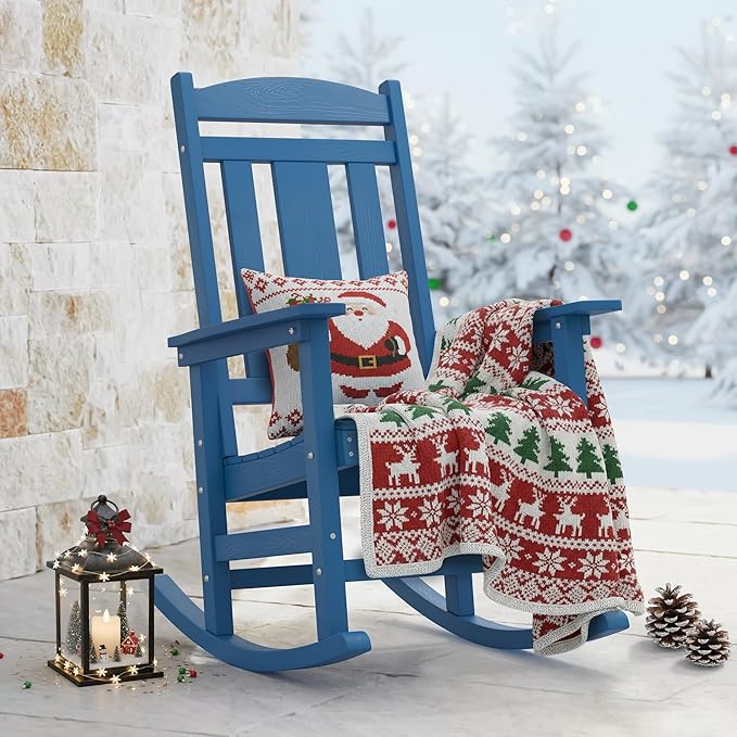 LUE BONA Rocking Chair Outdoor, Weather Resistant Poly Plastic Rocker Chairs, 350lb Heavy Duty, Oversized Porch for Adult, High Back Smooth Chairs Outdoor & Indoor, Blue by LUEBONA