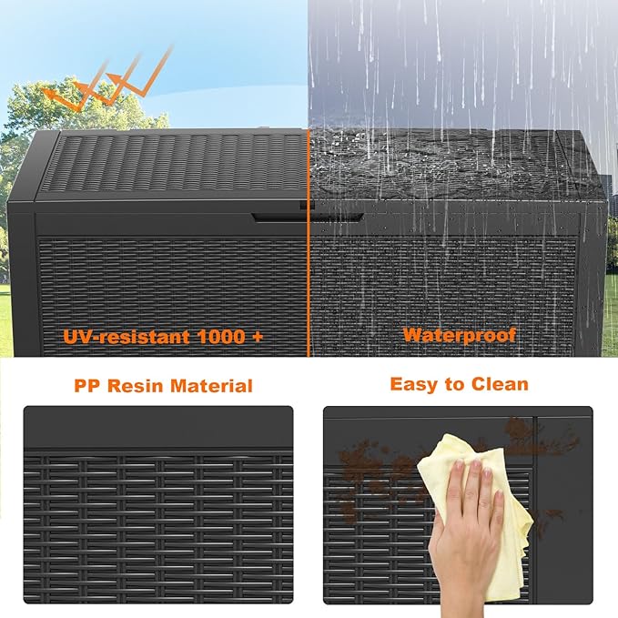 ROJIK Outdoor Storage Housing Deck Box - Waterproof Patio Furniture, Garden Tools, Cushions, Pool Accessories Storage Bench with Lockable Lid and Side Handles (Black 110 Gal) - Image 4
