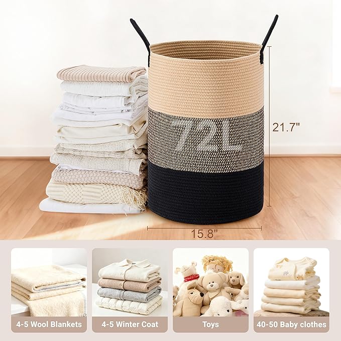 Tall Laundry Basket with Handles, 72L Portable Dirty Clothes Hamper, Boho - Image 2