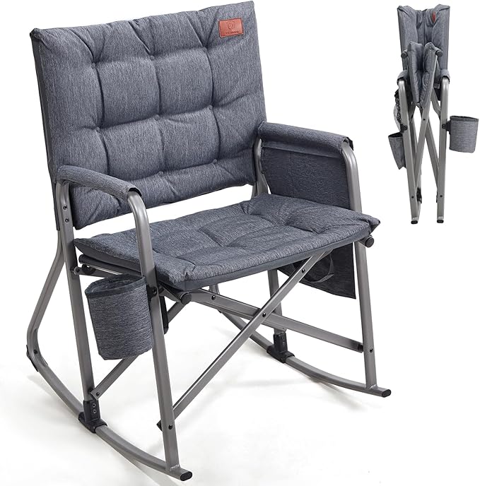 EVER ADVANCED Lightweight Folding Rocking Camping Chair, Padded Portable Rocker Chair for Patio, Lawn and Outdoors, Heavy Duty Hard Armchair for Adults, Grey by EVERADVANCED