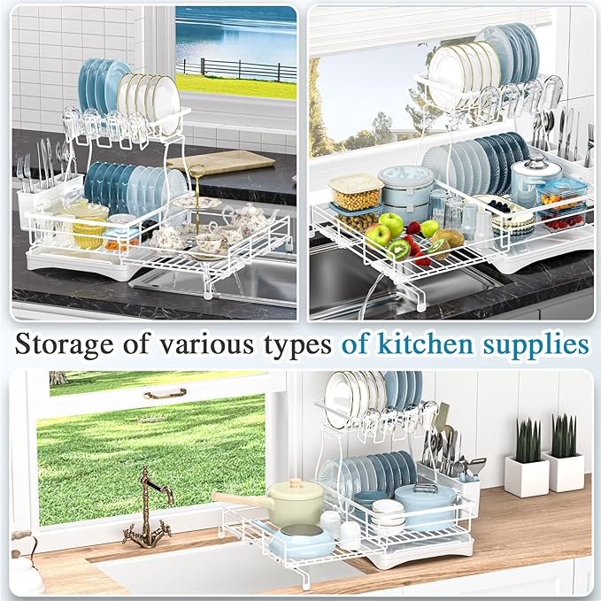 2 Tier Dish Drying Rack, Large Extendable Dish Racks - Image 4