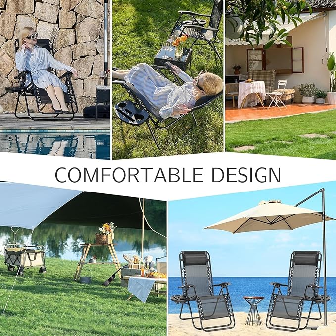 Sweetcrispy Zero Gravity Chairs, Set of 4 Portable Recliner Beach Camping Patio Outdoor Folding Lounge Chair with Cup Holder Trays and Adjustable Pillow for Poolside, Garden, Backyard, Lawn (Black) - Image 7