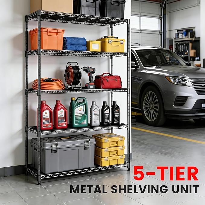 Xcity Storage Shelves, 5 Tier Heavy Duty Metal Shelving Unit, 2000 LBS Capacity Adjustable Steel Wire Shelf Organizer for Pantry, Kitchen, Garage, 14" D x 30" W x 60" H, Black - Image 3