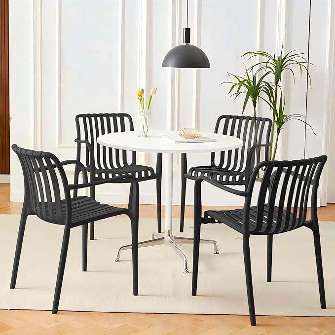 Patio Chairs Set of 4, All-Weather Stackable Outdoor Dining Chairs with Curved Back, Patio Dining Chairs for Patio, Deck, Porch, Backyard, Restaurant, Cafe, Black by JPBSTO