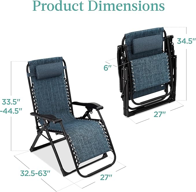 Best Choice Products Oversized Zero Gravity Chair, Folding Outdoor Patio Recliner, XL Anti Gravity Lounger w/Removable Cushion, Cup Holder, Side Tray, 350lb Capacity - Graphite Blue - Image 3