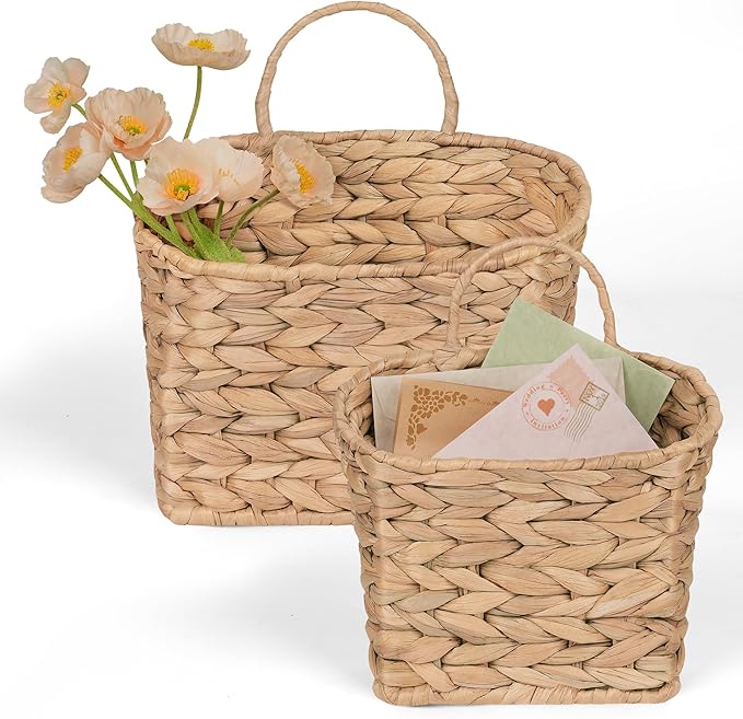 Set of 2 Hanging Basket, Wicker Wall Basket Natural Water Hyacinth, Hanging by iEGrow