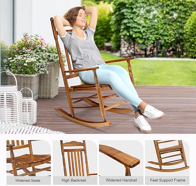 VINGLI Wooden Rocking Chair, Outdoor Chair with 450 lbs Support, Relaxing Rocker with Solid Wood High Back Seat Reclining Seat for Deck, Garden, Backyard, Porch, Indoor or Outdoor Use (Teak, 1PC) - Image 5