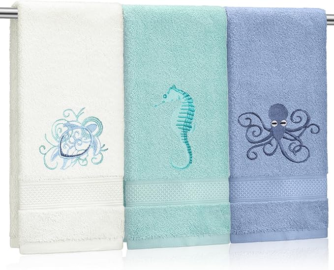 3 Pack Coastal Hand Towels for Bathroom 100% Cotton Embroidered Bathroom Towels by Hahafelt