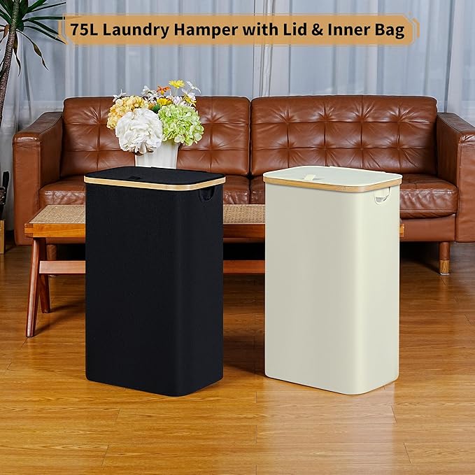 Slim Laundry Hamper, 75L Beige Narrow Laundry Basket - Image 5
