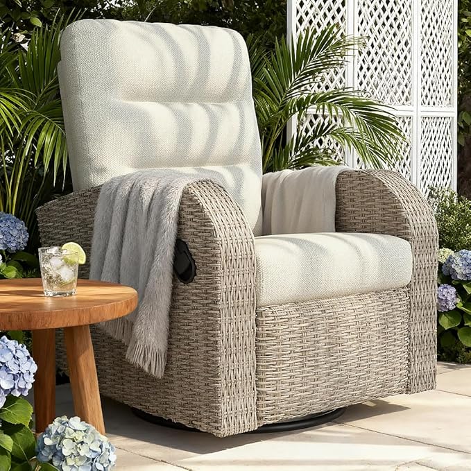 Outdoor Swivel Recliner Chair, All-Weather Wicker Reclining Patio Chair with Adjustable Backrest and Footrest by Vakollia