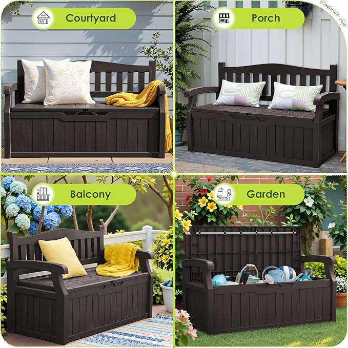 Greesum 80 Gallon Outdoor Storage Bench, Resin Patio Furniture with Armrest,Waterproof and UV-Resistant, Perfect to Garden, Poolside and Lawn, Dark Brown - Image 7