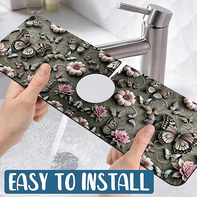 Cute Butterfly Sink Splash Guard Pink Flower Faucet Absorbing Mat Fast Drying - Image 5