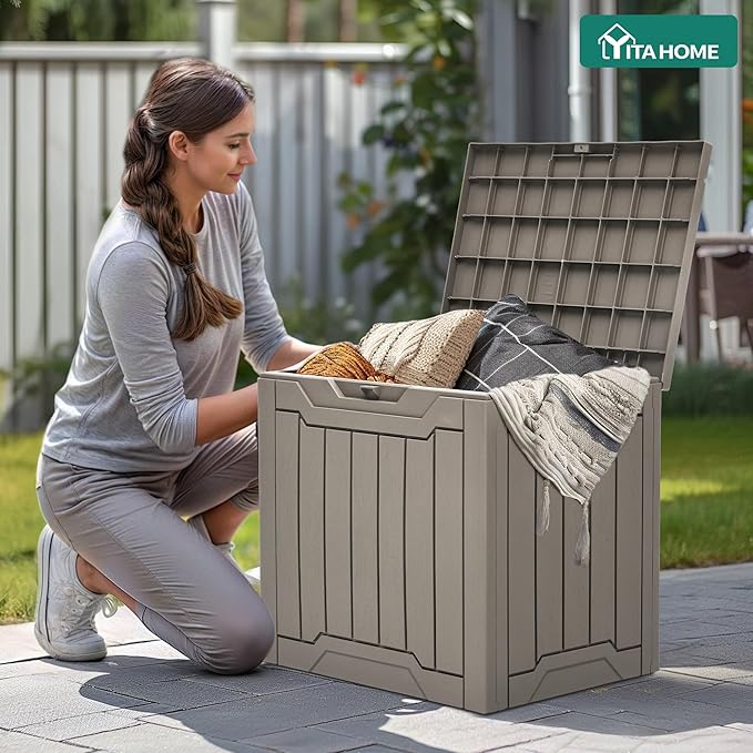 YITAHOME 31 Gallon Outdoor Storage Box, Resin Deck Box and Waterproof Package Delivery Box for Gardening Tools, Pool Supplies, Patio Furniture, Lockable, Taupe - Image 4
