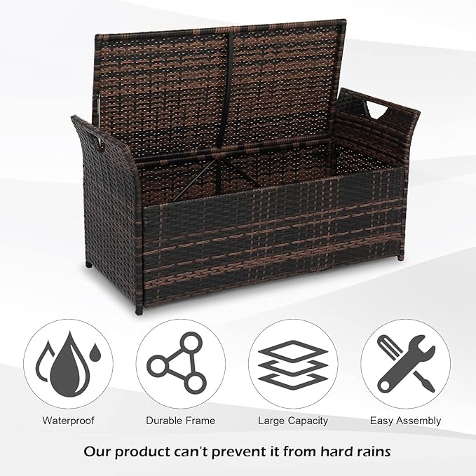 VINGLI 40 Gallon Outdoor Rattan Deck Box w/Cushion, Patio Wicker Storage Box, Garden Deck Storage Bin for Garden, Balcony, Porch, Pool, Yard, Brown - Image 4