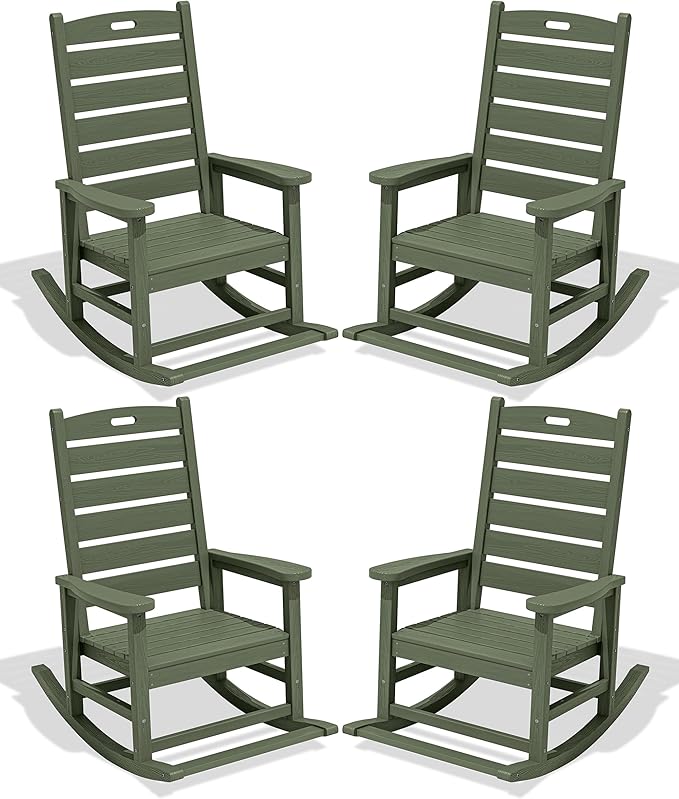 SERWALL Outdoor Rocking Chair Set of 4, Oversized HDPE Patio Rocking Chair with Footrest for Adults, All Weather Porch Rocker for Deck Patio Balcony, Avocado Green by SERWALL