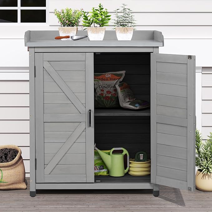 Outdoor Storage Cabinet & Potting Bench Table with Metal Top, Wooden Patio Furniture, Garden Workstation (Classic Grey, 39x31.5x17in) - Image 7