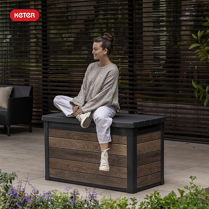 Keter Walnut 100 Gallon Resin Deck Box-Organization and Storage for Patio Furniture Outdoor Cushions, Throw Pillows, Garden Tools and Pool Toys - Image 10