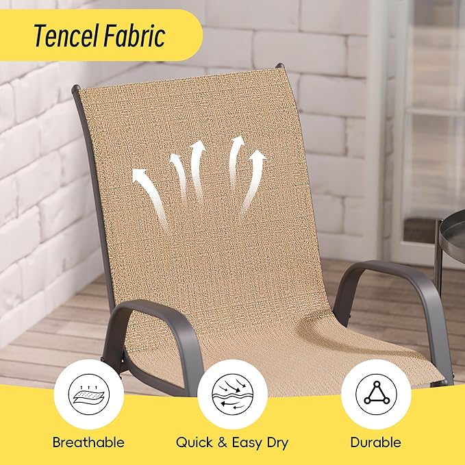 Betterhood Patio Chairs Set of 4, Stackable Outdoor Dining Chairs Set with Breathable Seat Fabric, All-Weather Powder-Coated Metal Frame for Deck, Pool Side and Backyard, 350LBS Capacity (Khaki) - Image 6