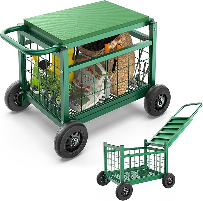 FLINTER Rolling Garden Work Seat with Wheels, Upgraded Heavy Duty Gardenning Cart with Seat - Garden Rolling Stools with Wheels for Seniors, Lawn, Patio & Backyard Gardening, Green by FlinterOfficial