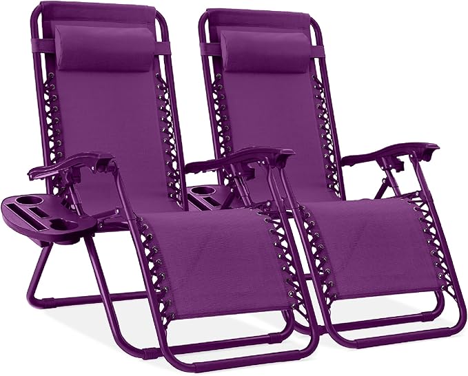 Best Choice Products Set of 2 Adjustable Steel Mesh Zero Gravity Lounge Chair Recliners w/Pillows and Cup Holder Trays - Amethyst by BestChoiceProducts