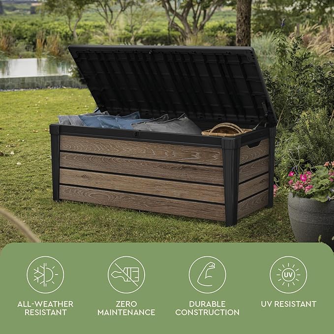 Keter Everwood 120 Gallon Resin Signature Collection Large Outdoor Storage Box for Patio Furniture, Outdoor Cushions, Garden Tools and Pool Gear, Walnut - Image 10