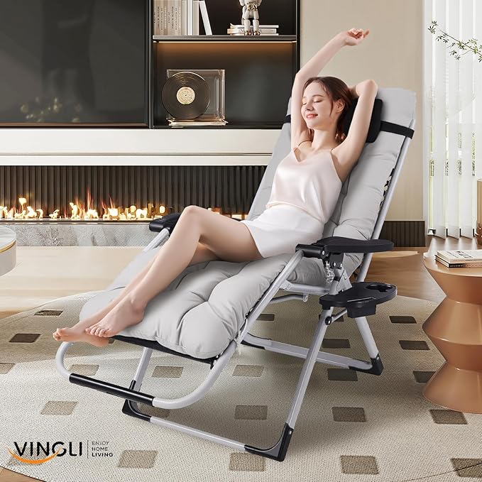 VINGLI Padded Zero Gravity Chair, Lounge Chair with Removable Cushion & Tray， Folding Reclining Patio Chairs， Recliner Chair for Lawn，Indoor and Outdoor - Image 2
