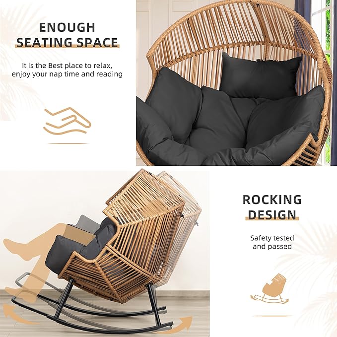 Vongrasig Wicker Rocking Egg Chair PE Rattan with Cushion, Oversized Patio Lounge Rocker Chair for Outdoor, Indoor, Balcony, Backyard, Garden, Black - Image 6