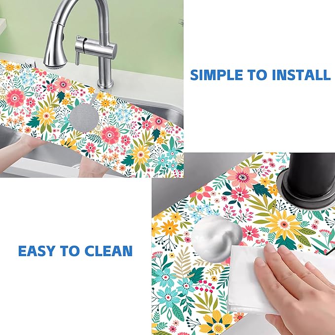 Colorful Floral Leaves Berries Kitchen Sink Splash Guard Mat Absorbent Fast - Image 5