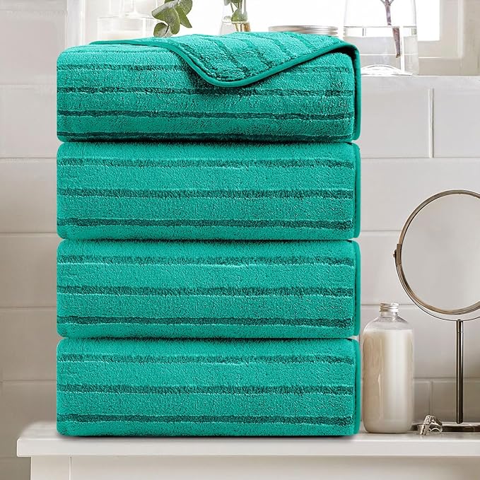 4 Pcs Blue Green Cabana Stripe Large Bath Towels 35"x70" Oversized Bath Sheet by Oliven
